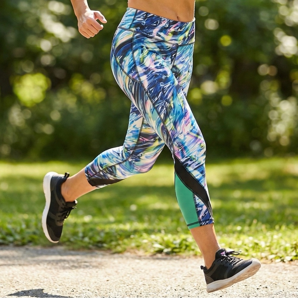 FLX Capri Leggings Multi Color Blue Abstract Mesh Crop Yoga Run Workout Sz M EUC